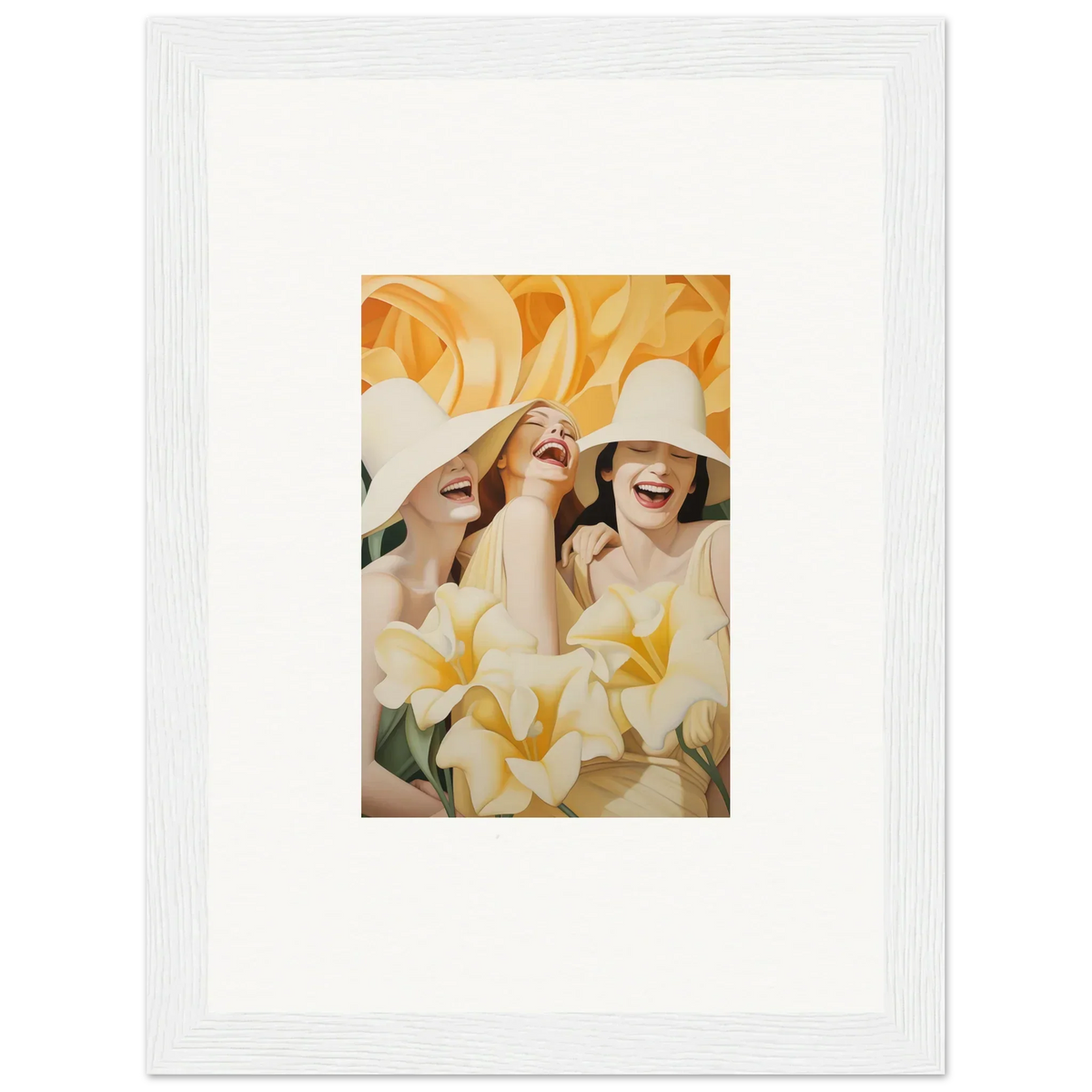 Framed canvas print of two women in white hats, perfect for room decoration with a wink mystery