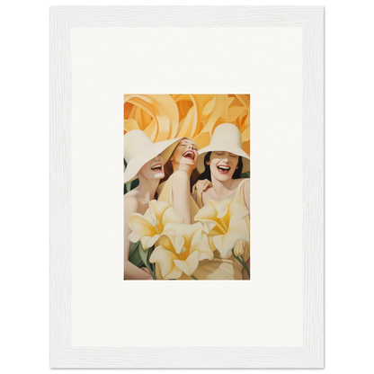 Framed canvas print of two women in white hats, perfect for room decoration with a wink mystery