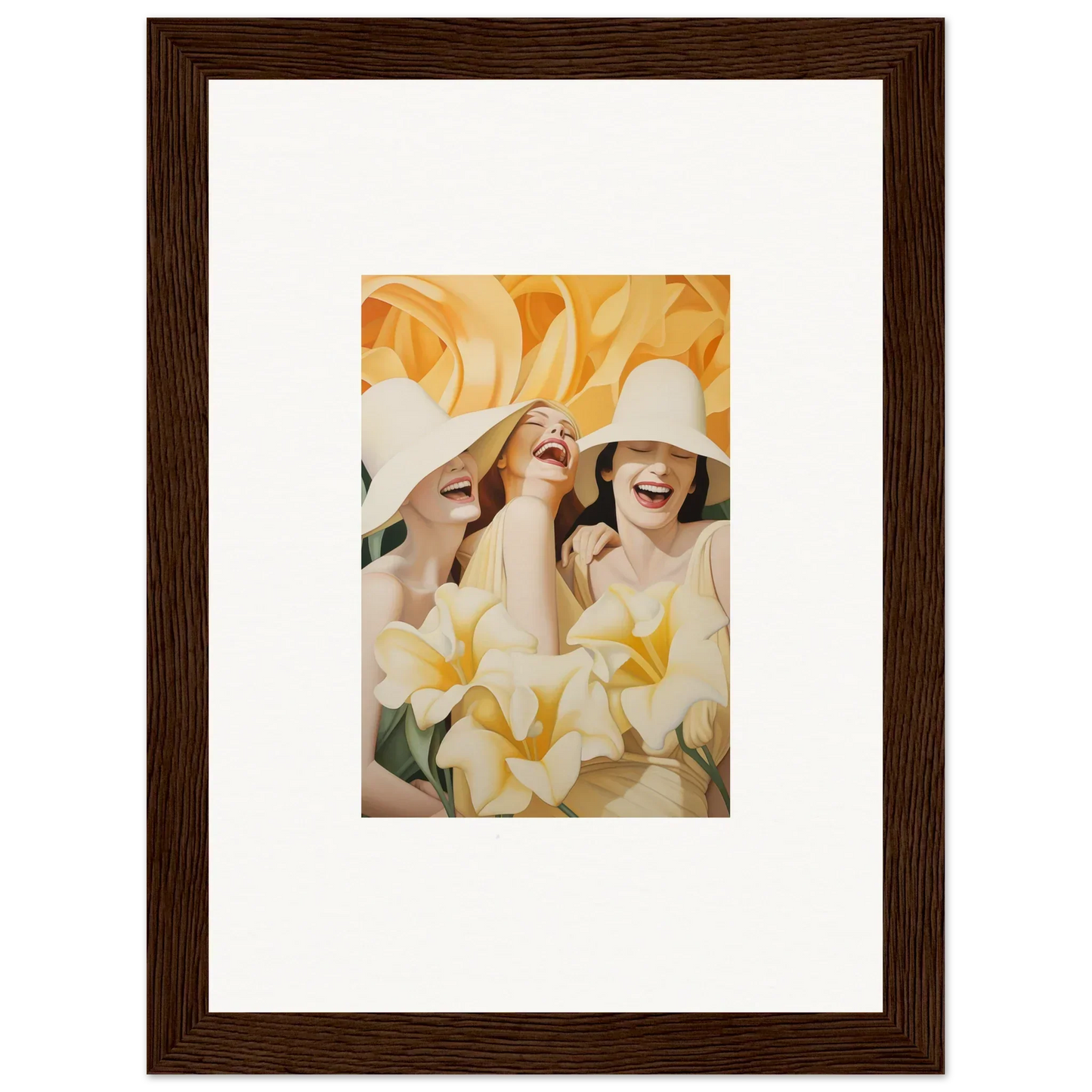 Framed canvas print of three women in white hats with yellow flowers for room decoration