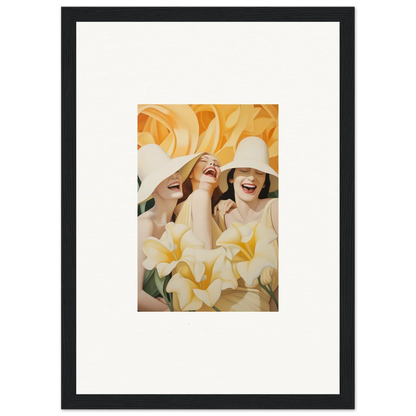 Framed canvas print of women in white hats for charming room decoration, Sunflower Wink Mystery