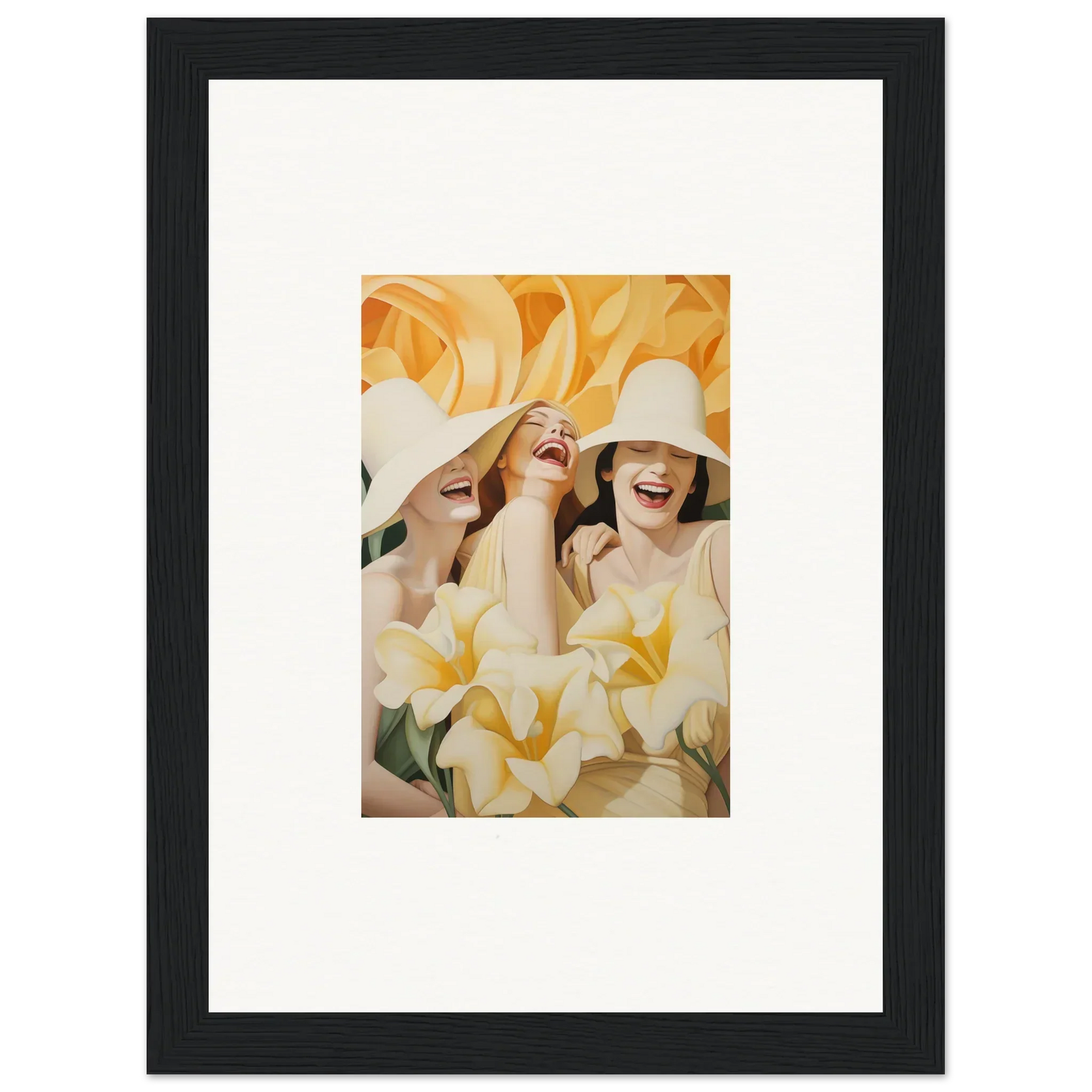 Framed canvas print of women in white hats among yellow flowers for your room decoration