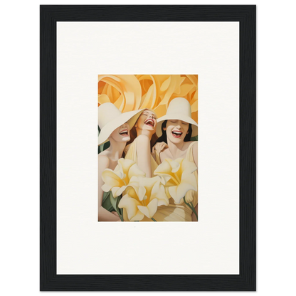 Framed canvas print of women in white hats among yellow flowers for your room decoration