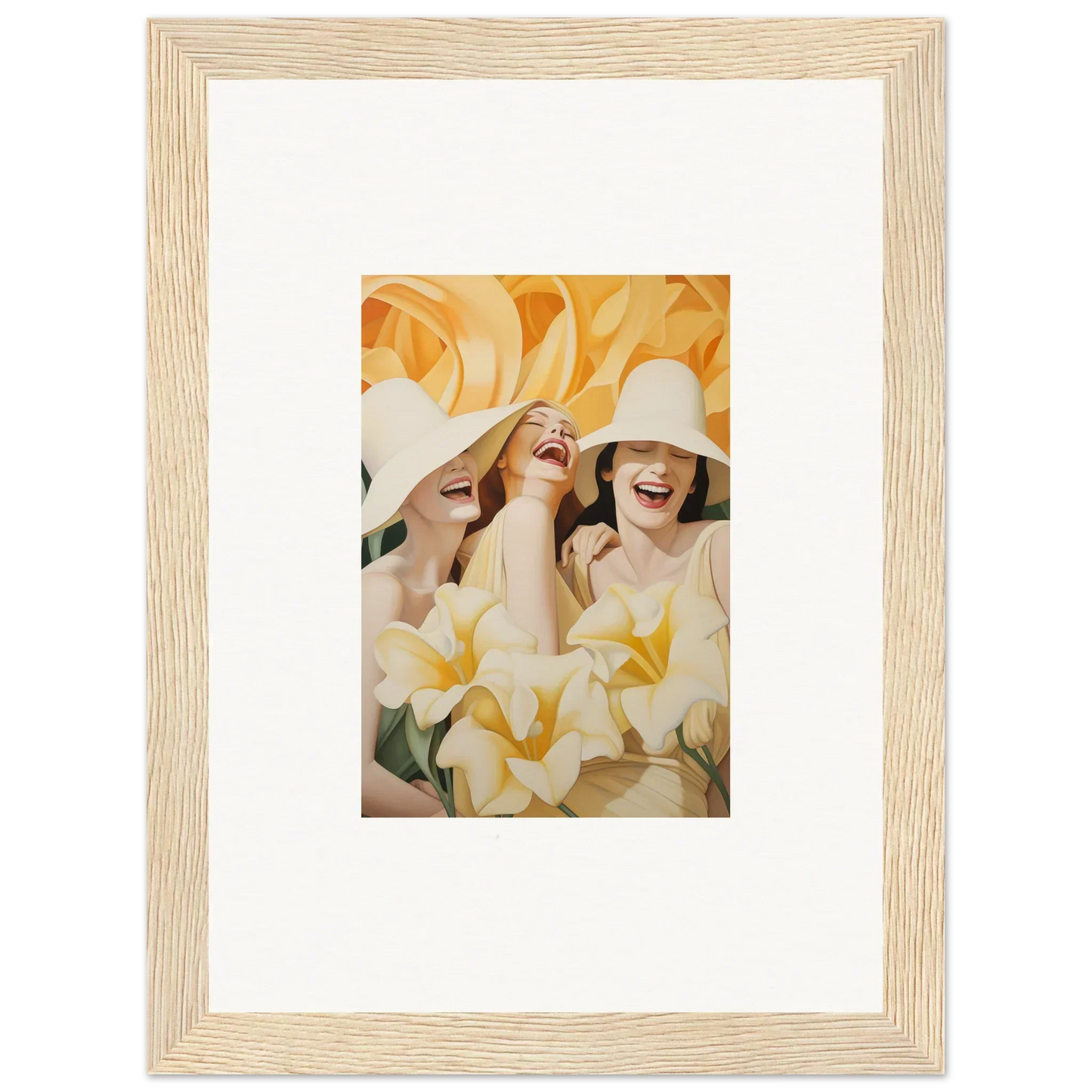 Framed canvas print of two women in white hats amidst yellow flowers for room decoration