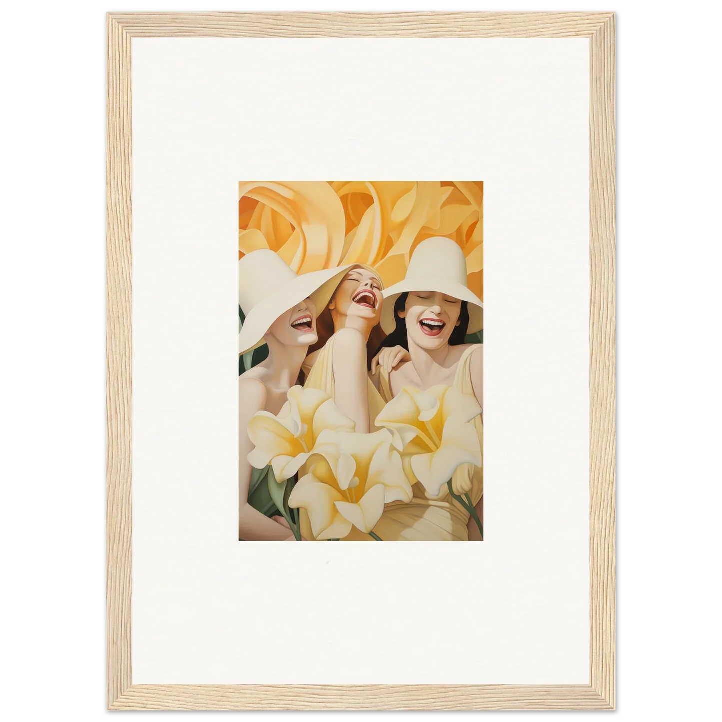 Framed canvas print of three women in white hats, perfect for room decoration with a wink mystery