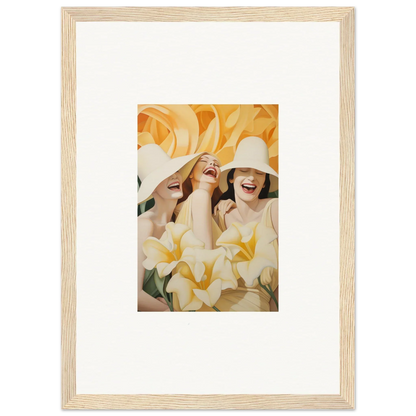 Framed canvas print of three women in white hats, perfect for room decoration with a wink mystery