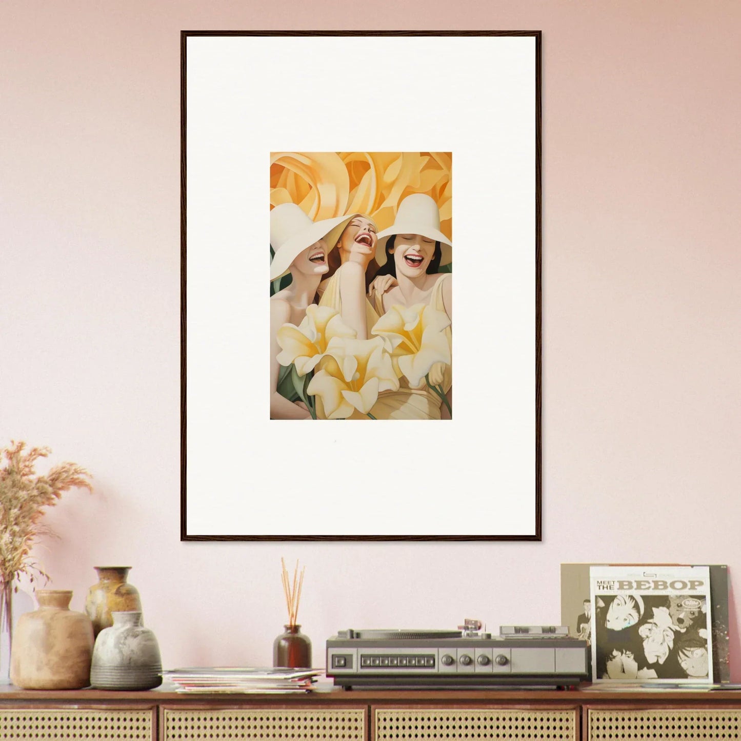 Framed vintage canvas print of two women in white hats for room decoration and Wink Mystery vibes