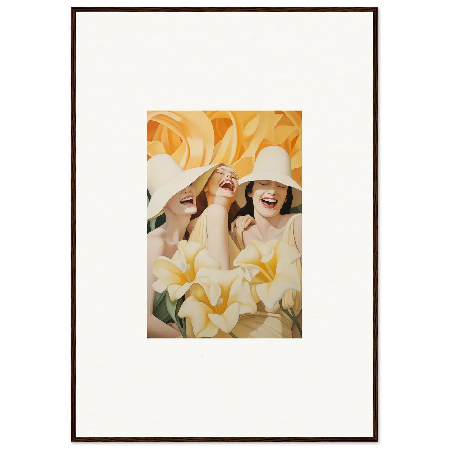 Joyful canvas print of two people in white hats among yellow flowers for room decoration