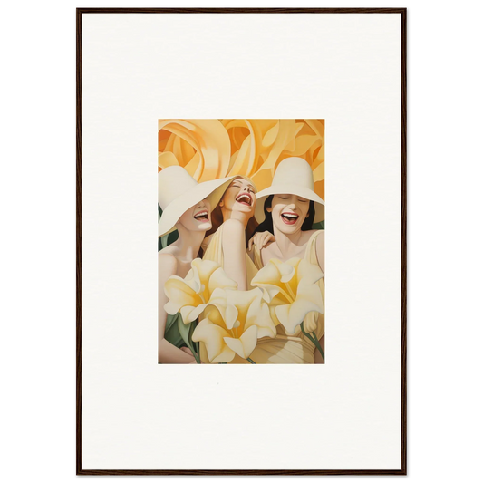 Joyful canvas print of two people in white hats among yellow flowers for room decoration