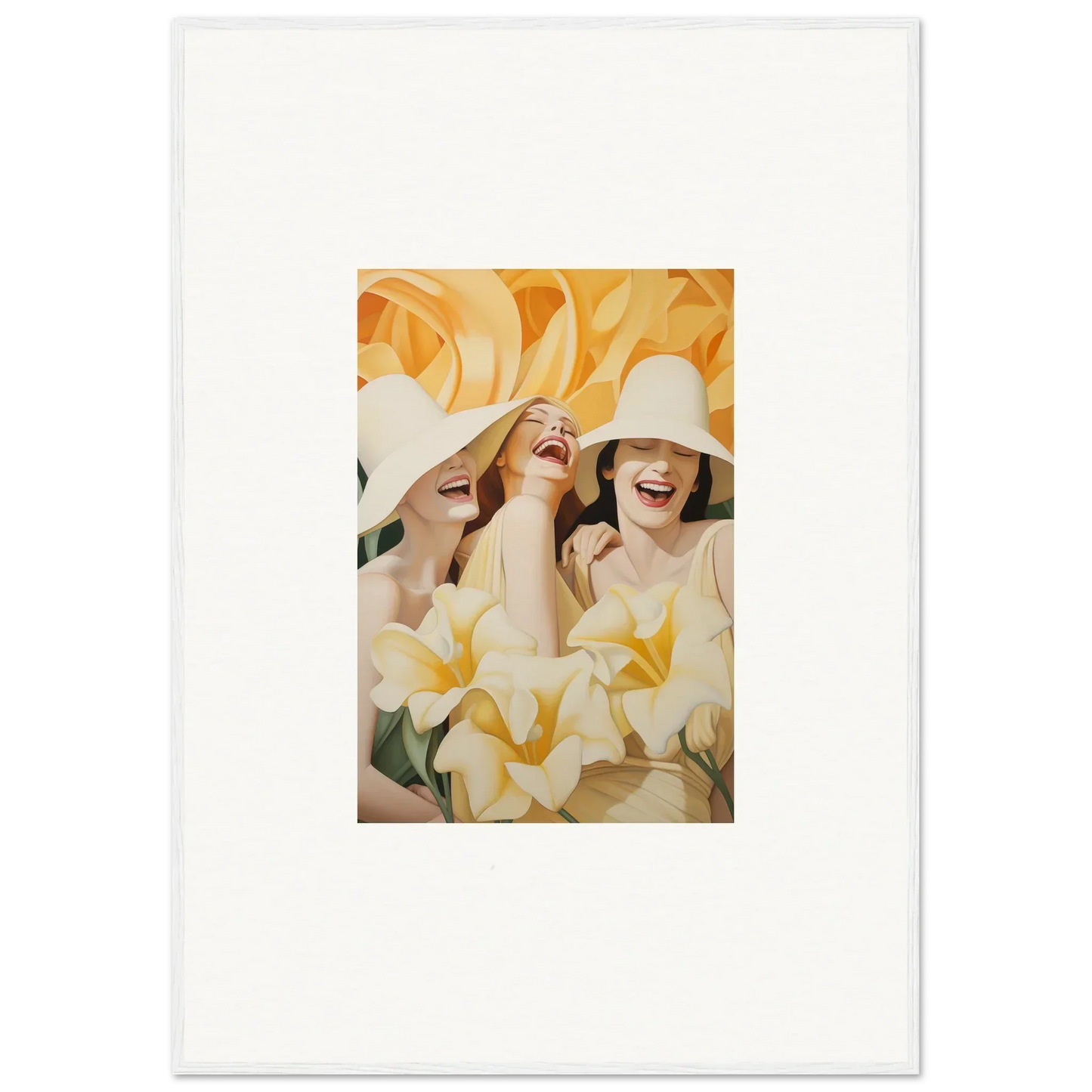 Framed canvas print of two laughing women in hats, perfect for room decoration and wink mystery