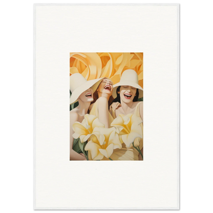 Framed canvas print of two laughing women in hats, perfect for room decoration and wink mystery