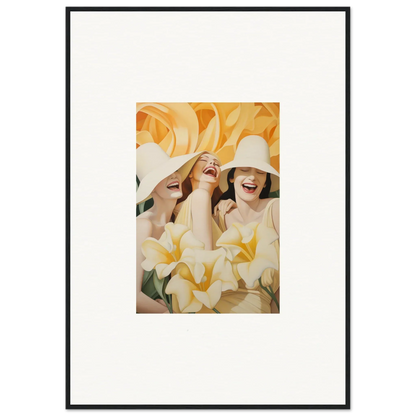 Framed canvas print of three women in white hats laughing for fun room decoration