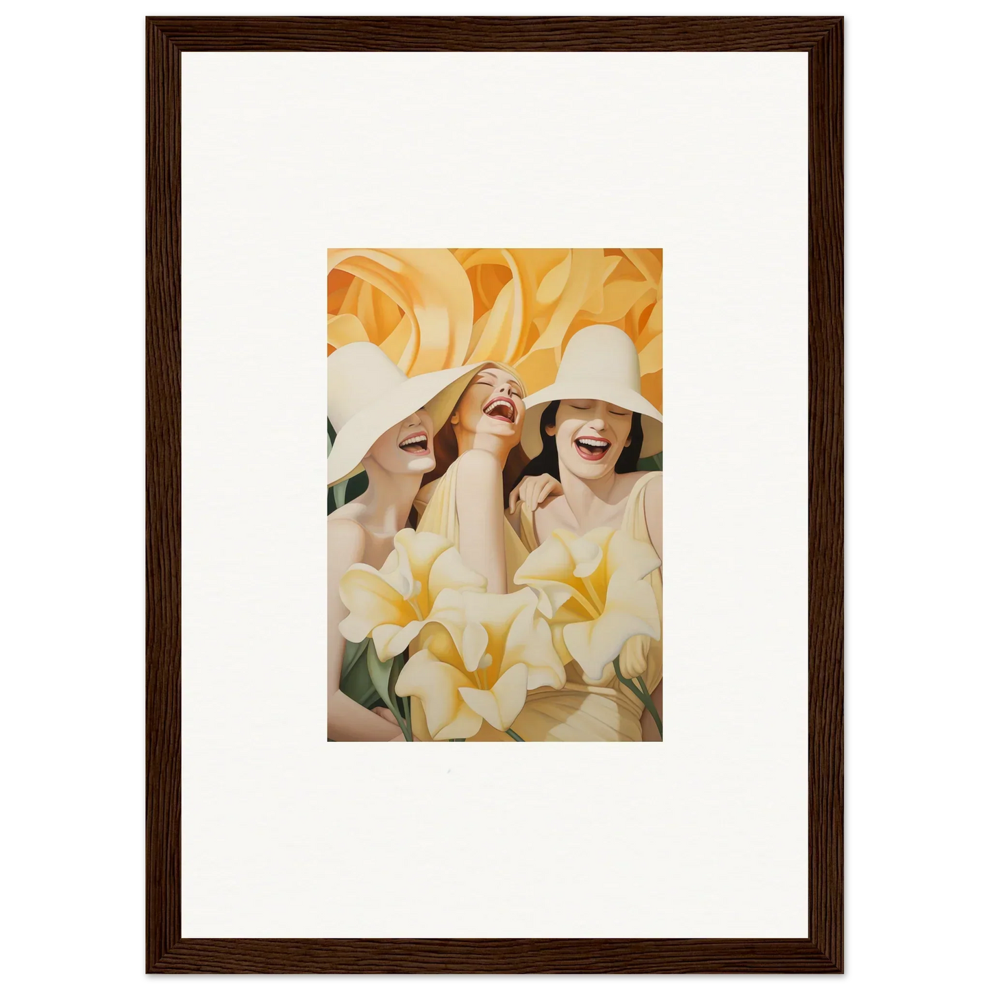 Framed canvas print of two women in white hats with yellow flowers for room decoration