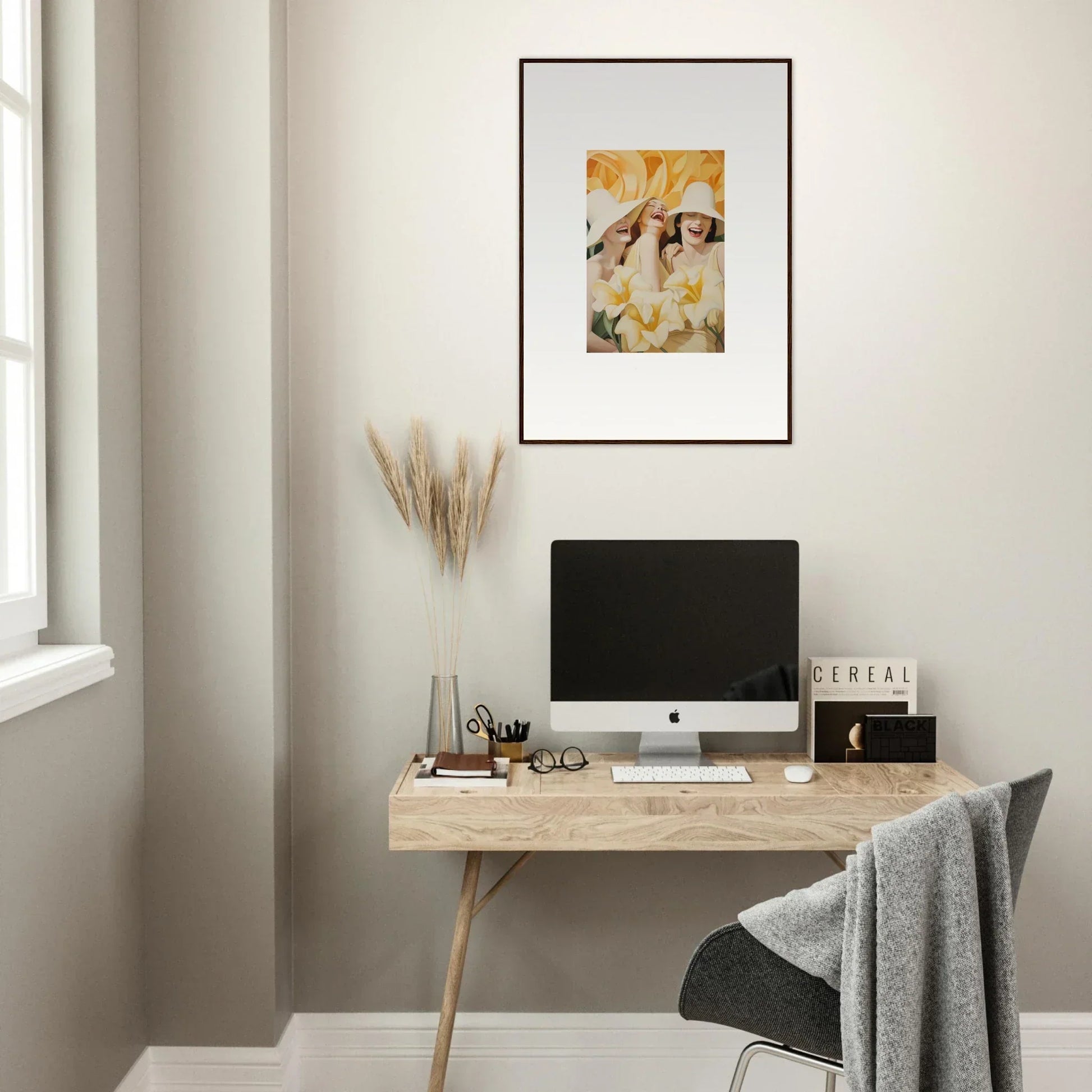 Minimalist wooden desk with monitor and accessories, great for Wink Mystery room decoration