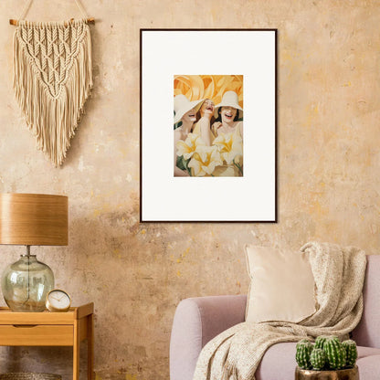 Framed canvas print of two figures in warm yellow, perfect for room decoration and Wink Mystery