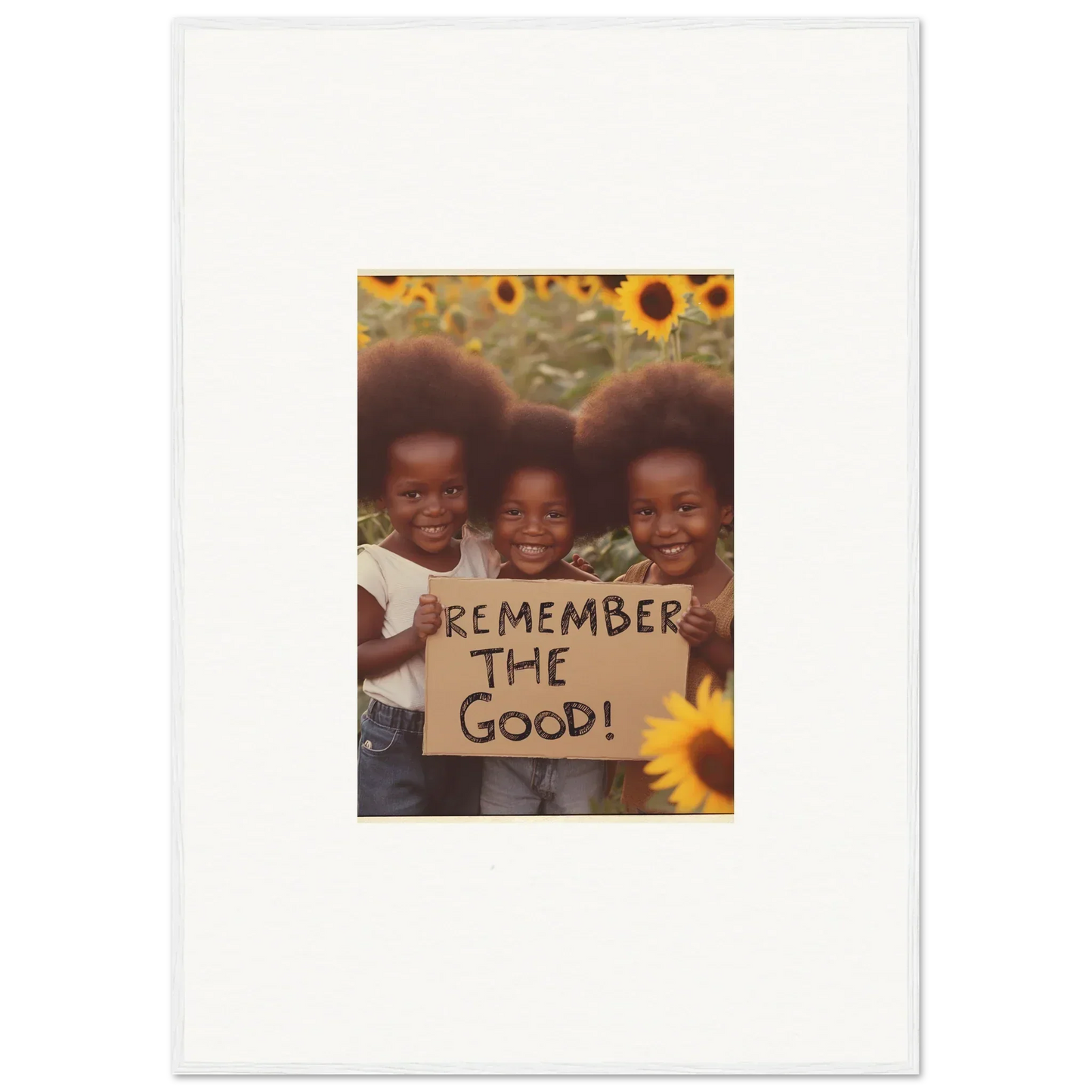 Three smiling kids with a Remember the Good sign among sunflowers, perfect for room decoration