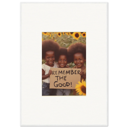 Three smiling kids with a Remember the Good sign among sunflowers, perfect for room decoration