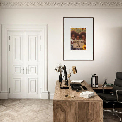 Elegant home office with wooden desk, typewriter, and Faith Reflected canvas print