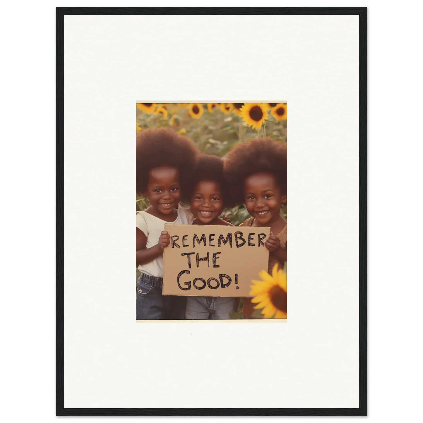 Framed photo of joyful kids with Remember the Good sign for a faith reflected room decoration