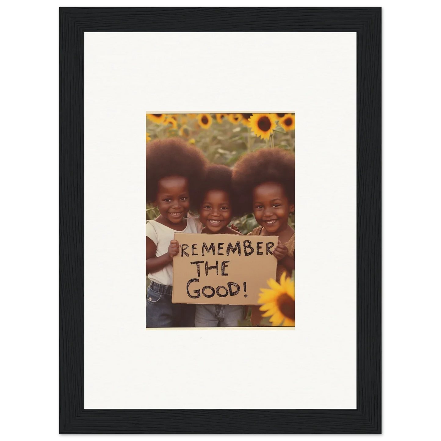 Framed photo of kids with a sign and sunflowers for uplifting room decoration