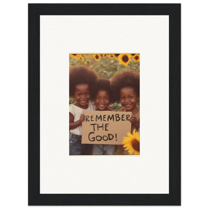 Framed photo of kids with a sign and sunflowers for uplifting room decoration