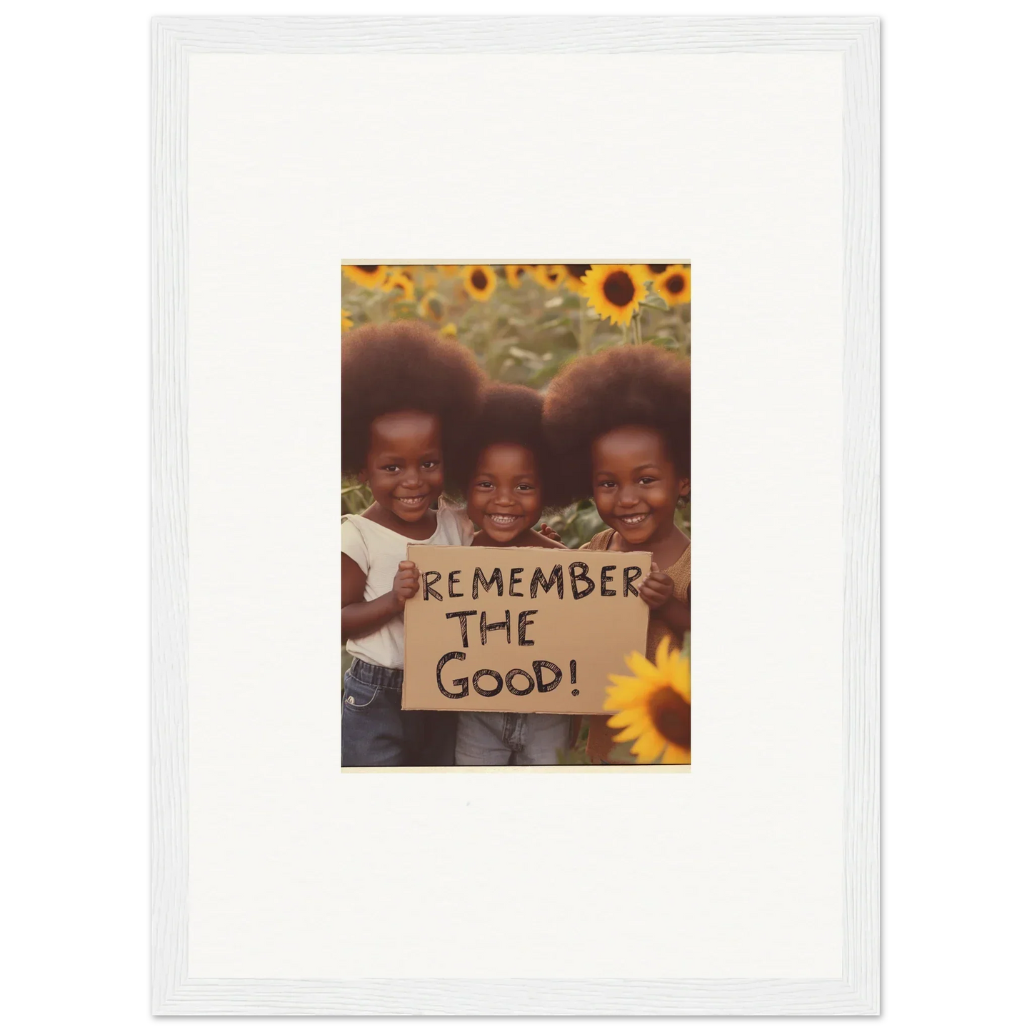 Three smiling kids hold a sign saying REMEMBER THE GOOD with sunflowers for a faith reflected canvas print