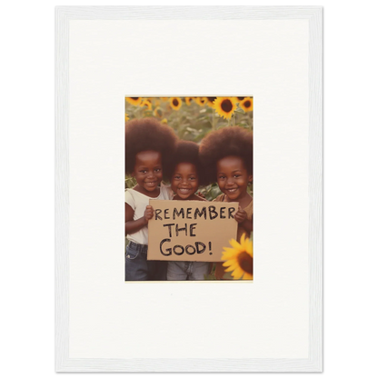 Three smiling kids hold a sign saying REMEMBER THE GOOD with sunflowers for a faith reflected canvas print