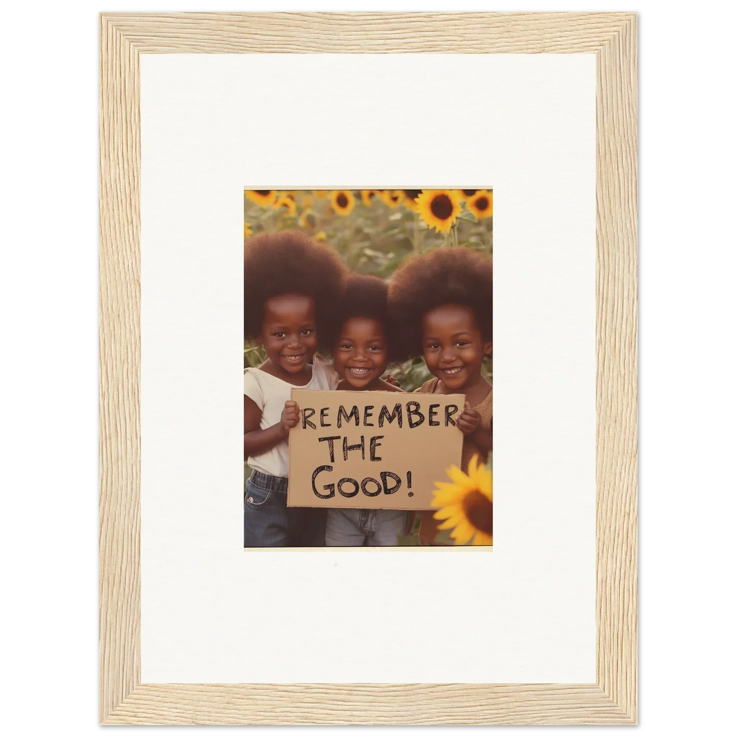 Framed photo of three kids with a Remember the Good sign and sunflowers for room decoration