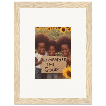 Framed photo of three kids with a Remember the Good sign and sunflowers for room decoration