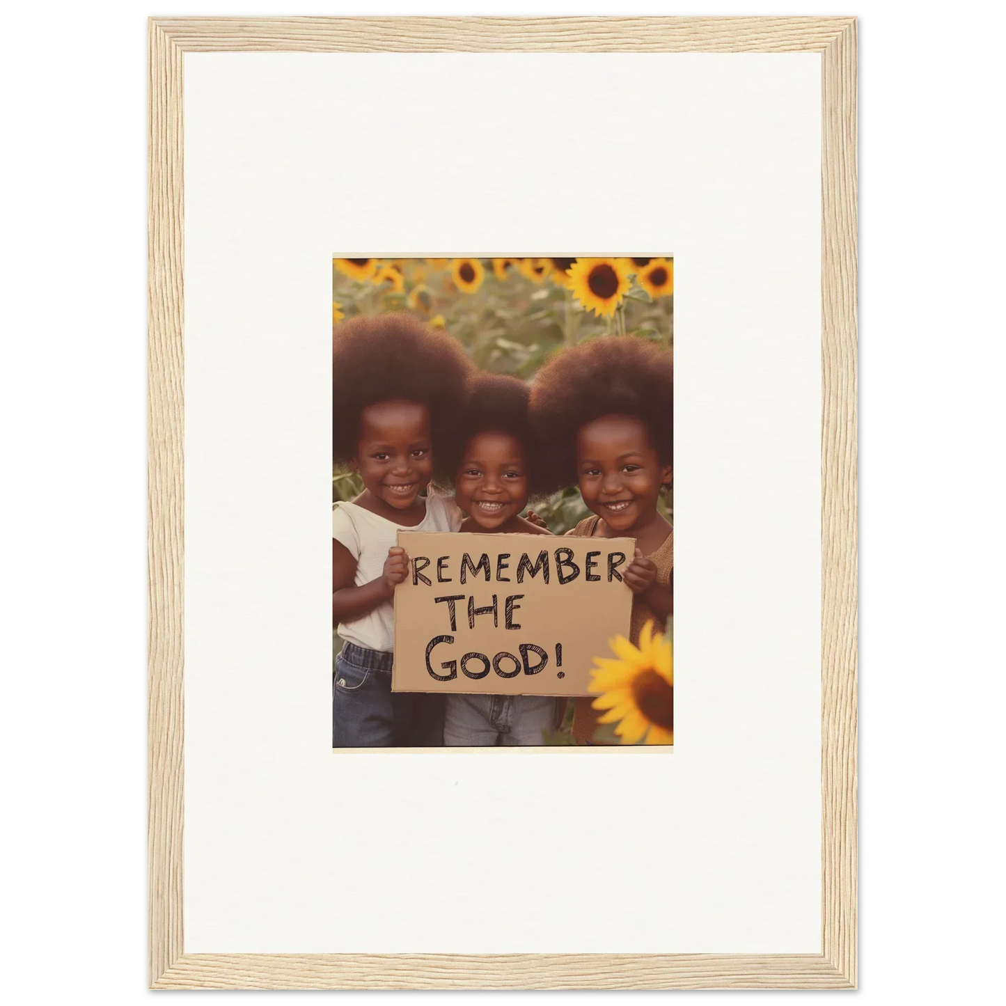 Framed photograph of three kids with a ’Remember the Good’ sign and sunflowers, perfect for room decoration