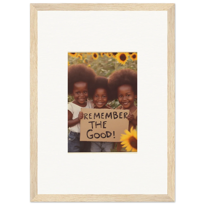 Framed photograph of three kids with a ’Remember the Good’ sign and sunflowers, perfect for room decoration