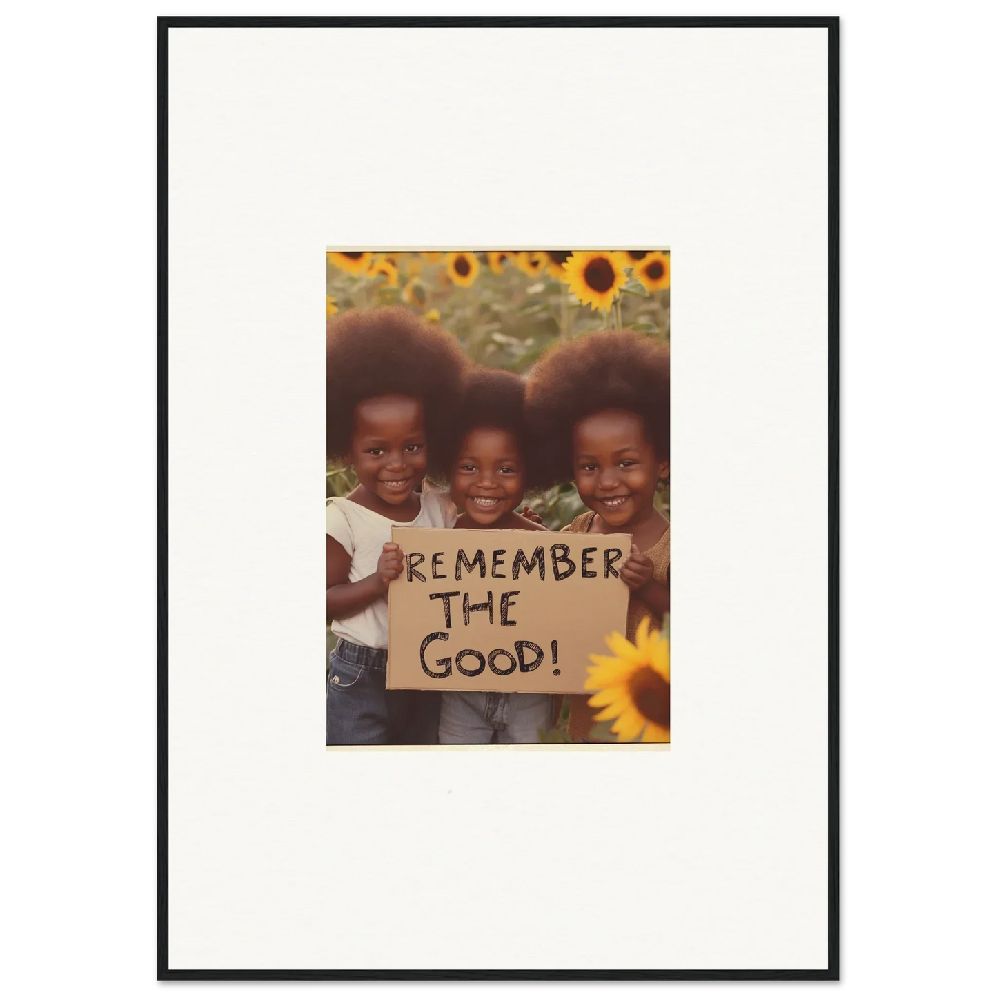 Framed canvas print of three kids smiling, showing Remember the Good for room decoration