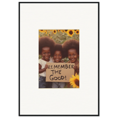 Framed canvas print of three kids smiling, showing Remember the Good for room decoration