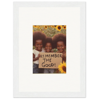 Three kids with a sign saying REMEMBER THE GOOD against sunflowers, perfect for room decoration