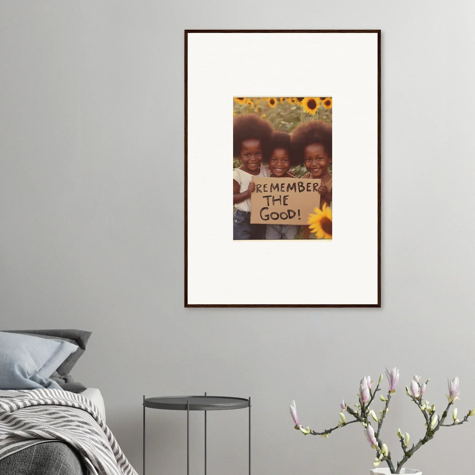 Framed photograph of kids with Remember the Good sign, perfect for faith reflected room decoration