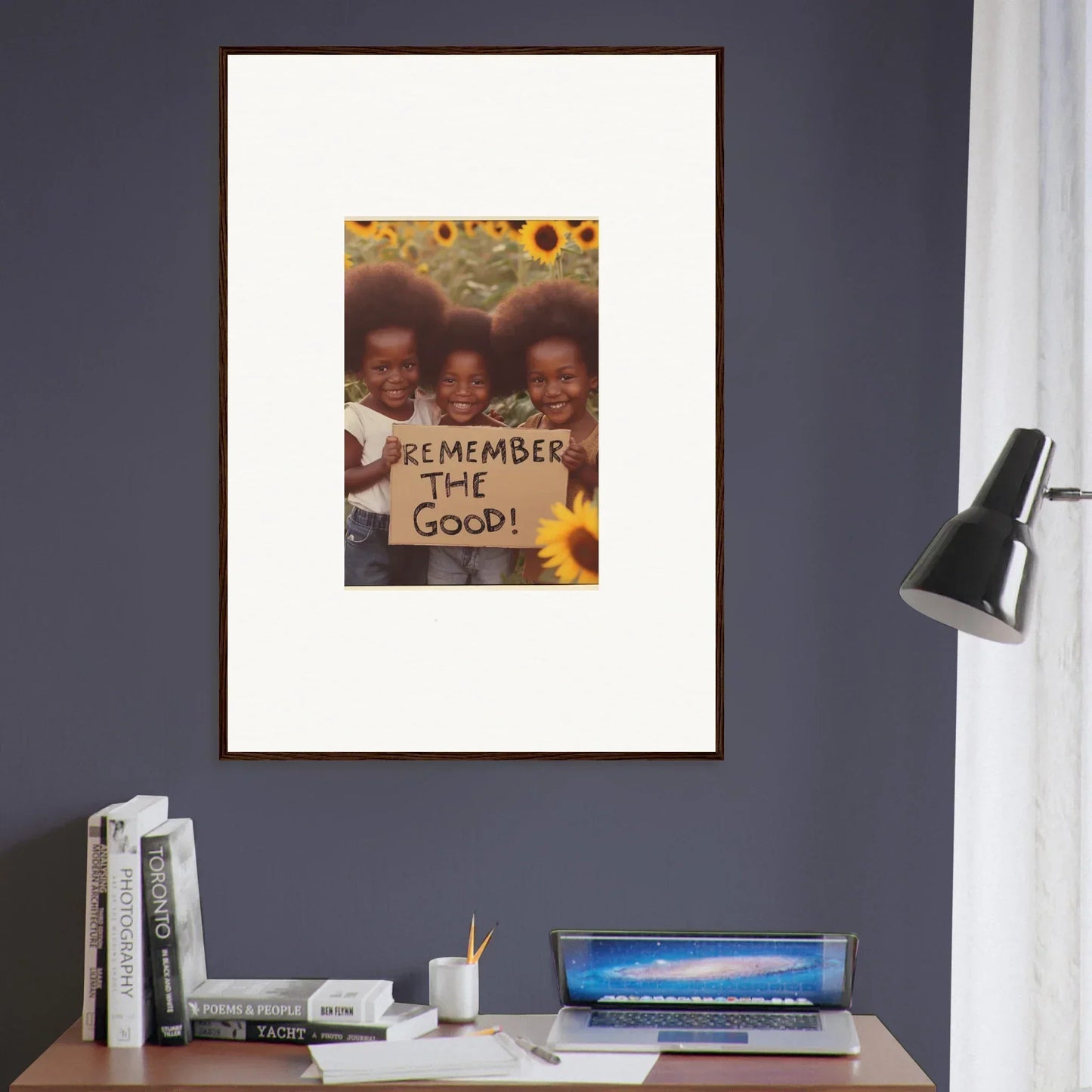 Framed canvas print of three kids holding Remember the Good sign with sunflowers, perfect for room decoration