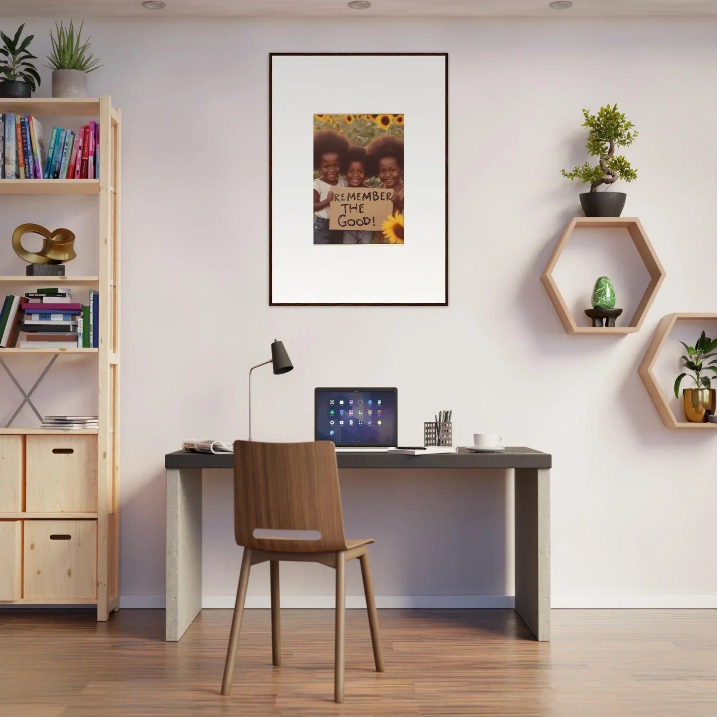 Cozy home office with faith reflected canvas print and stylish room decoration elements