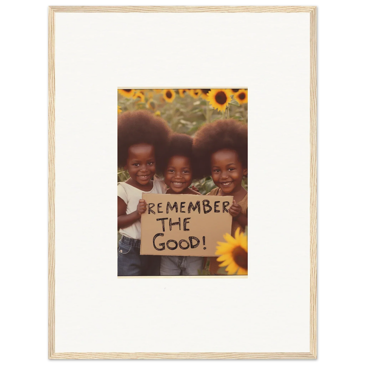 Framed photo of three happy kids with Remember the Good sign, perfect for room decoration