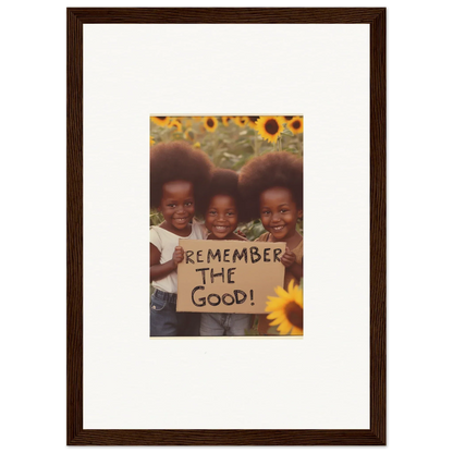 Framed photograph of three smiling kids with a sign and sunflowers, perfect for room decoration