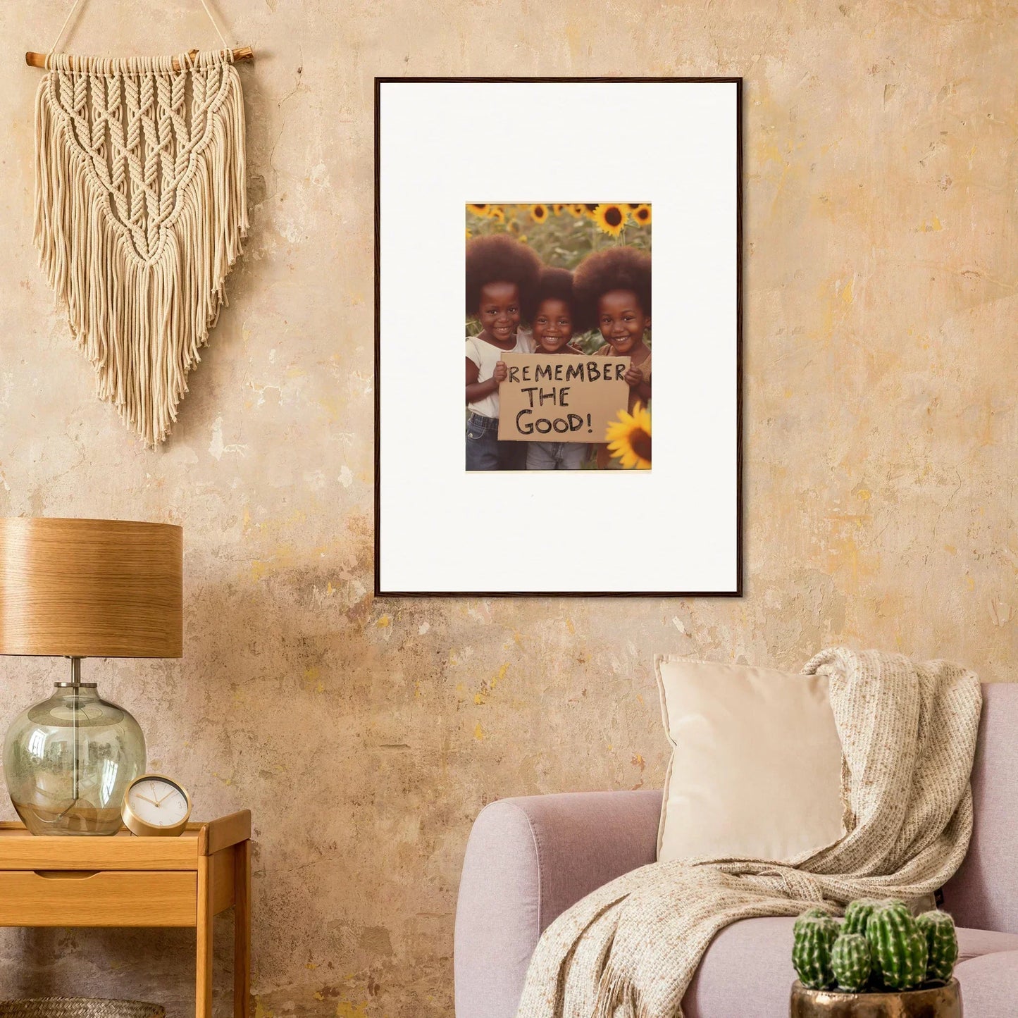 Framed photograph of kids with a sign among sunflowers, perfect for faith reflected room decoration