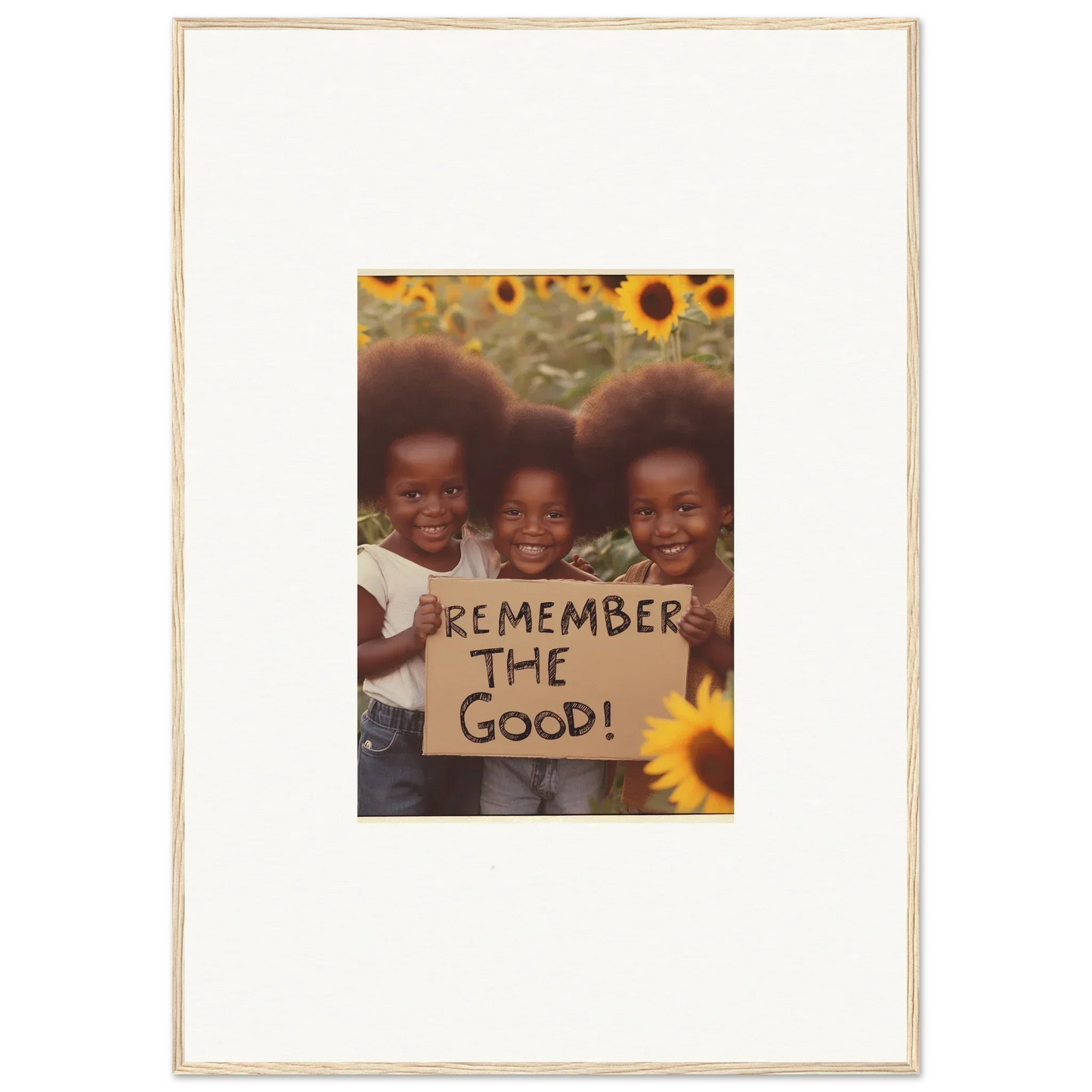 Framed photo of kids with Remember the Good sign, brightening up room decoration with faith reflected