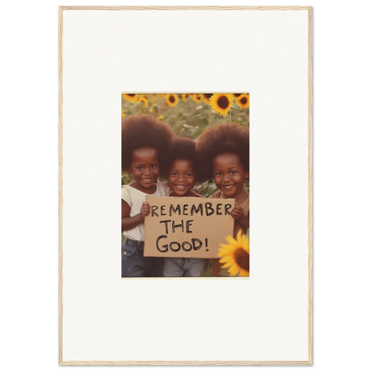 Framed photo of kids with Remember the Good sign, brightening up room decoration with faith reflected