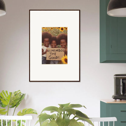 Framed photo of two people with a ’REMEMBER THE GOOD’ sign for faith reflected room decoration