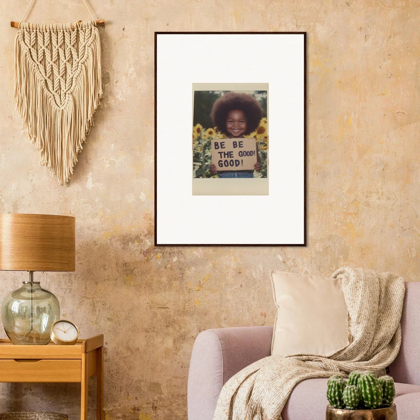 Framed wall art featuring a person with a sign in sunflower’s gentle whisper