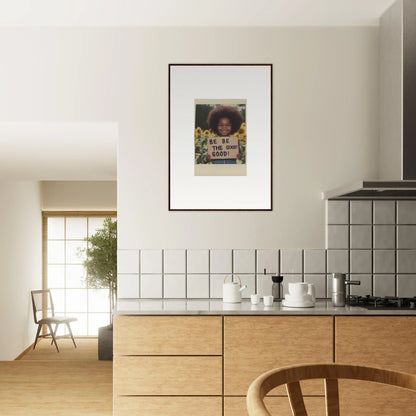 Framed wall art of Sunflower’s Gentle Whisper displayed on a white wall