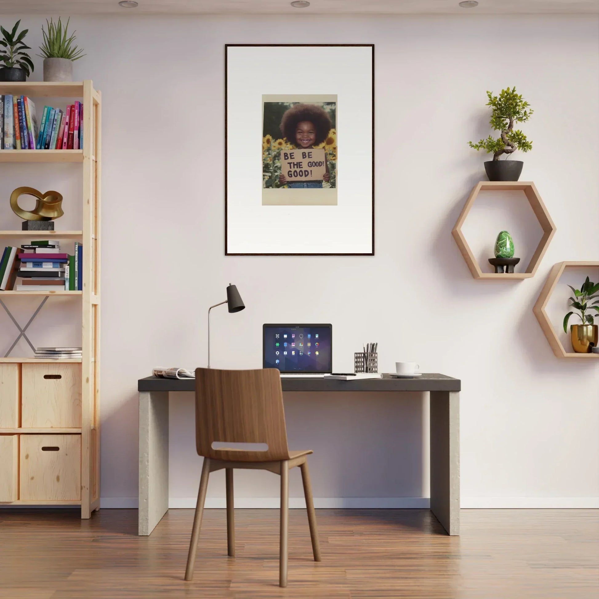 Simple home office with dark desk, wooden chair, and Sunflower’s Gentle Whisper decor