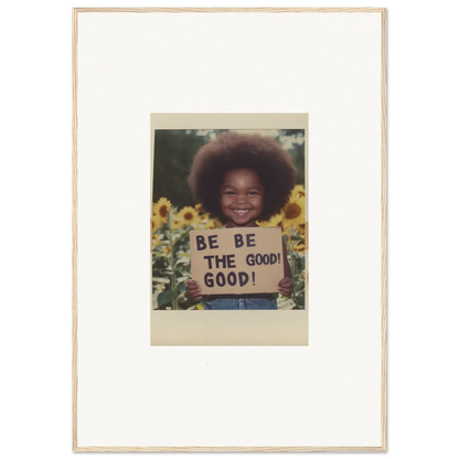 Framed wall art of a person with a BE THE GOOD sign from Sunflower’s Gentle Whisper