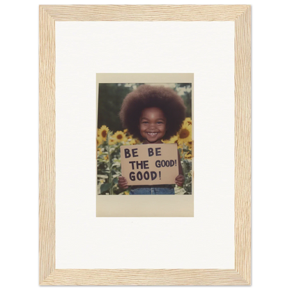 Framed wall art of a joyful moment in sunflowers with a BE THE GOOD sign in Sunflower’s Gentle Whisper