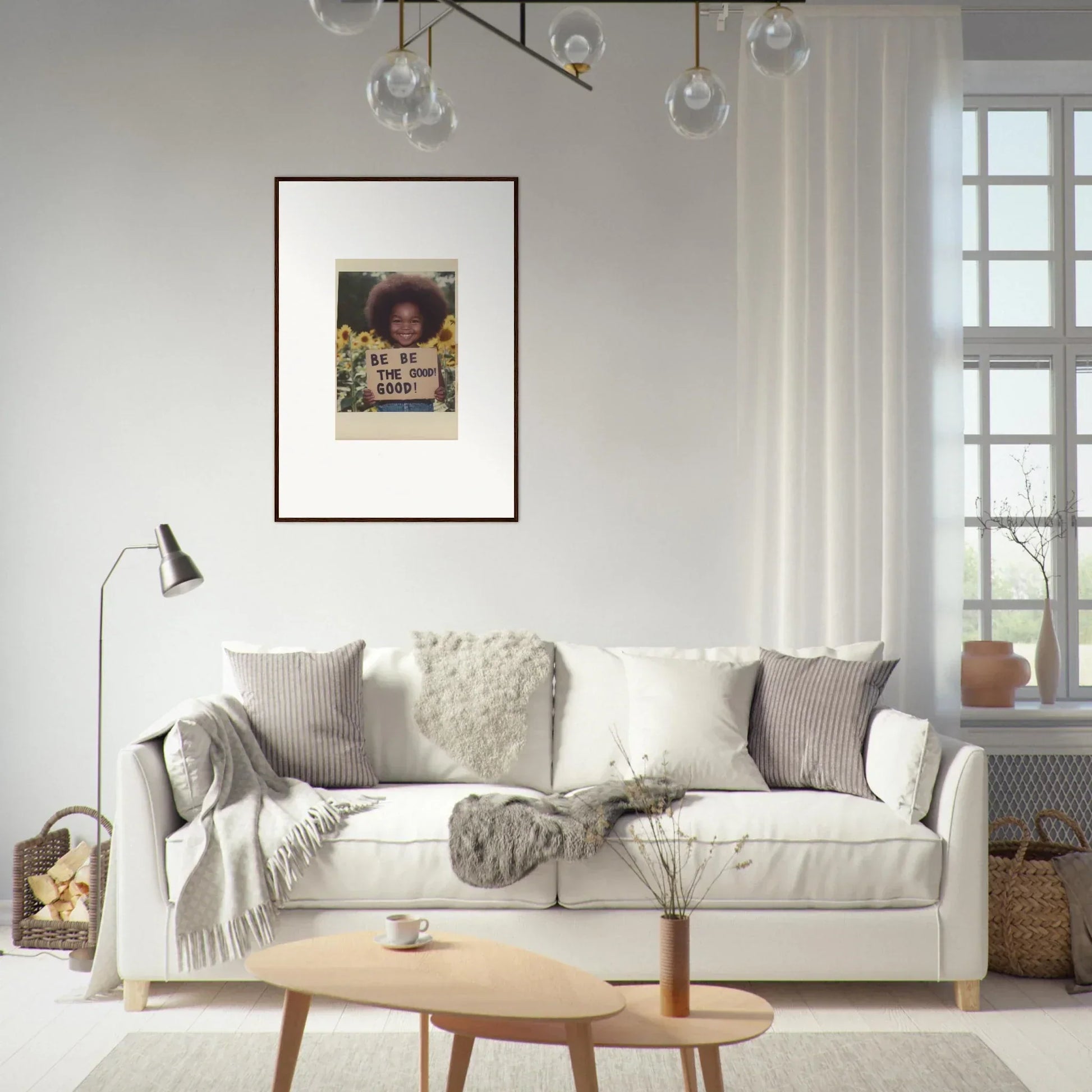 Cozy White Sofa with Gray and Cream Pillows from Sunflower’s Gentle Whisper Special Edition Art™