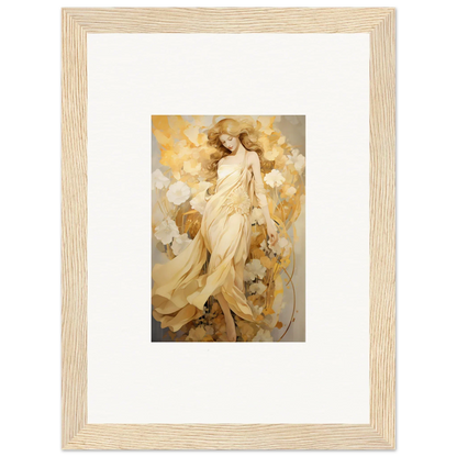 Framed wall art of ethereal female figure in golden robes for petal reverie room decor