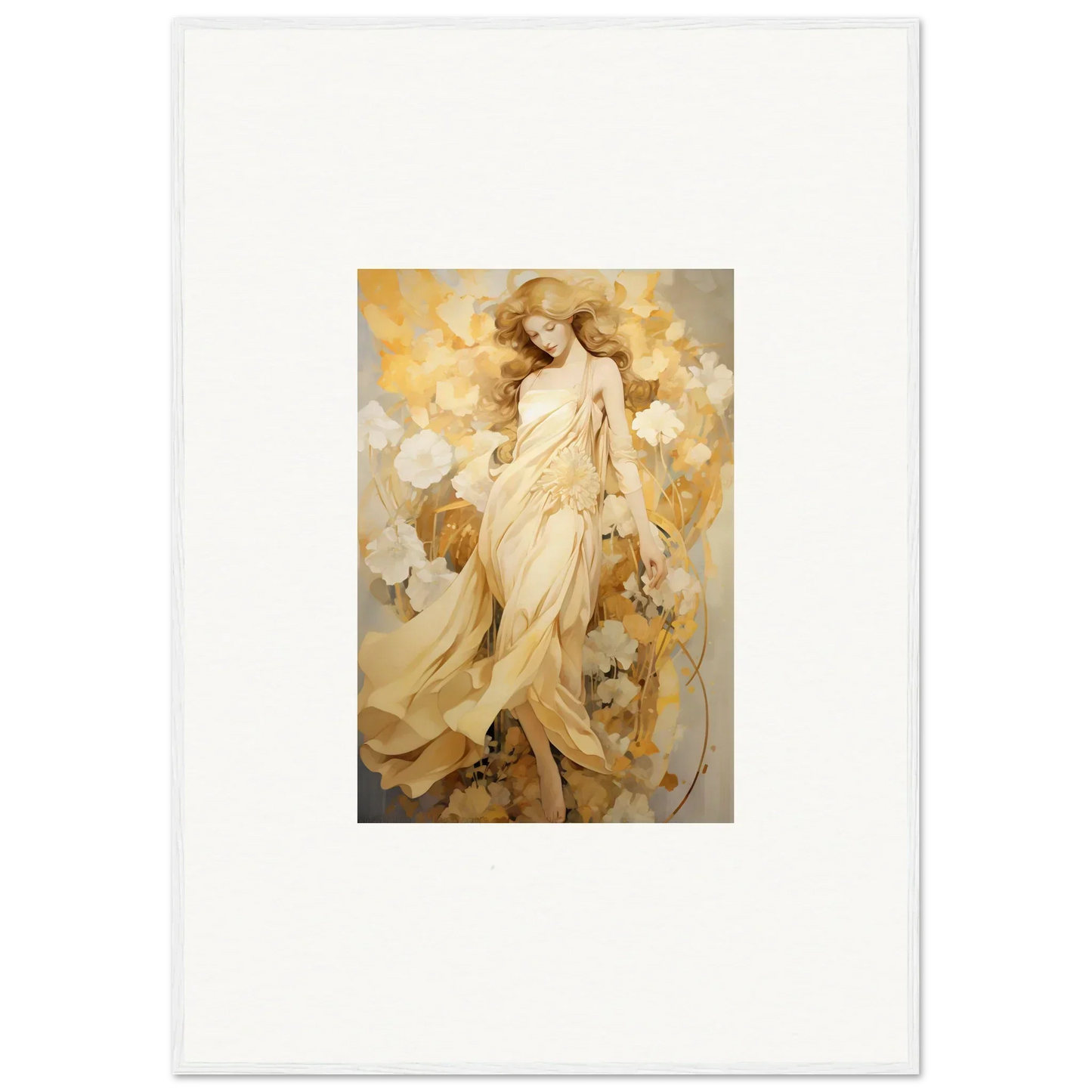 Ethereal woman in golden robes, ideal for Room Decor and framed wall art in Petal Reverie